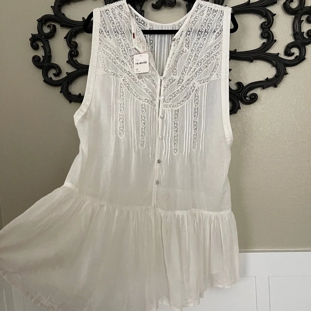 Free People Lace Sheer Tunic Top Pintuck Button Back M - Picture 4 of 16